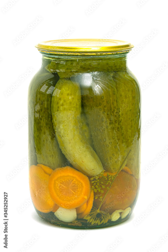 Glass jar, pickles with cucumbers, white background. Glass jar, pickles with cucumbers, white background.