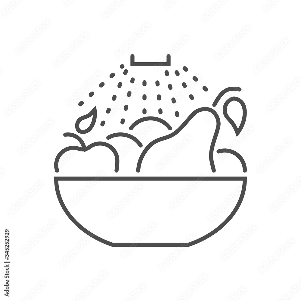 Wash fruits related vector thin line icon. Water is pouring on a bowl of fruit. Isolated on white background. Editable stroke. Vector illustration. Wash fruits related vector thin line icon. Water is pouring on a bowl of fruit. Isolated on white background. Editable stroke. Vector illustration.