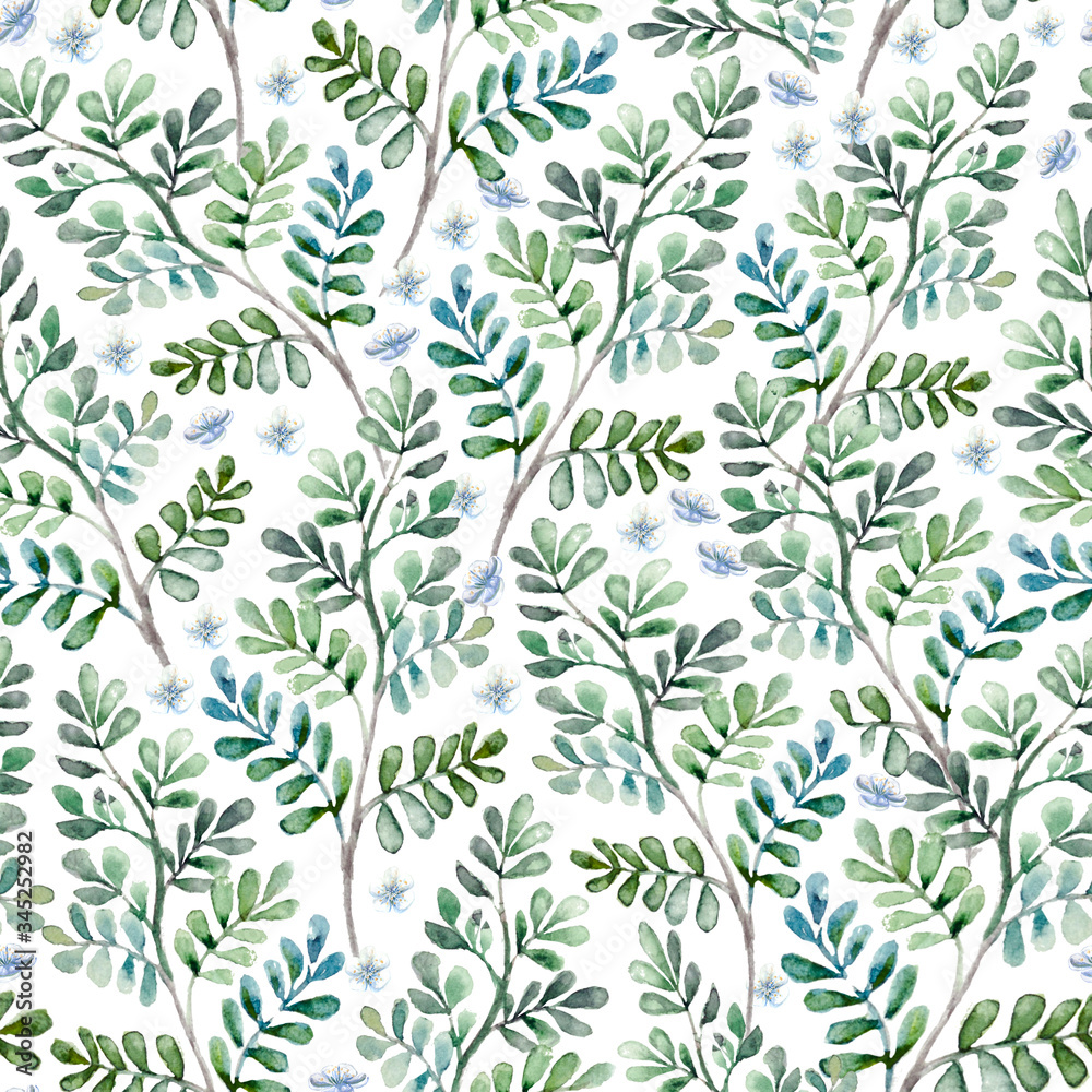 Watercolor seamless pattern of twigs and flowers of apple tree on a light background