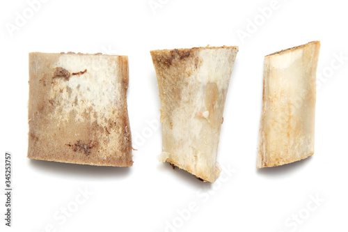 Bones after eating meat on a white background.