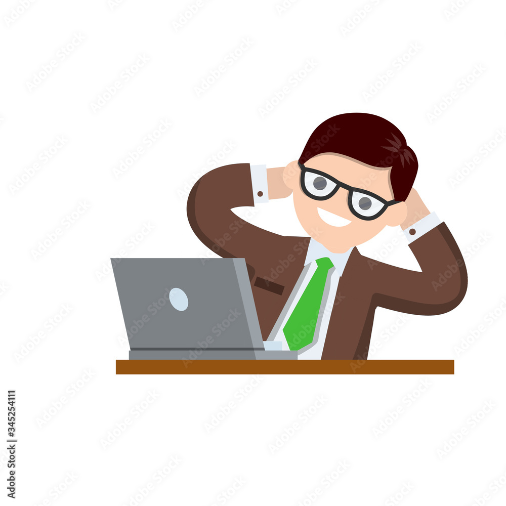 Successful businessman in suit. Gesture with hand behind head. Happy man in tie. Business or pleasure. Cartoon flat illustration. Rest at work with computer on table Successful businessman in suit. Gesture with hand behind head. Happy man in tie. Business or pleasure. Cartoon flat illustration. Rest at work with computer on table