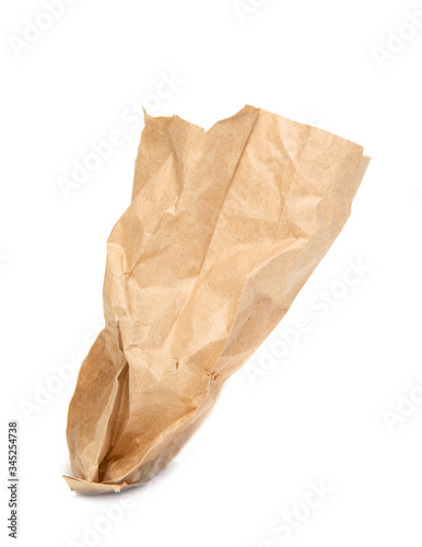 A crumpled paper bag with greasy spots highlighted on a white background.
