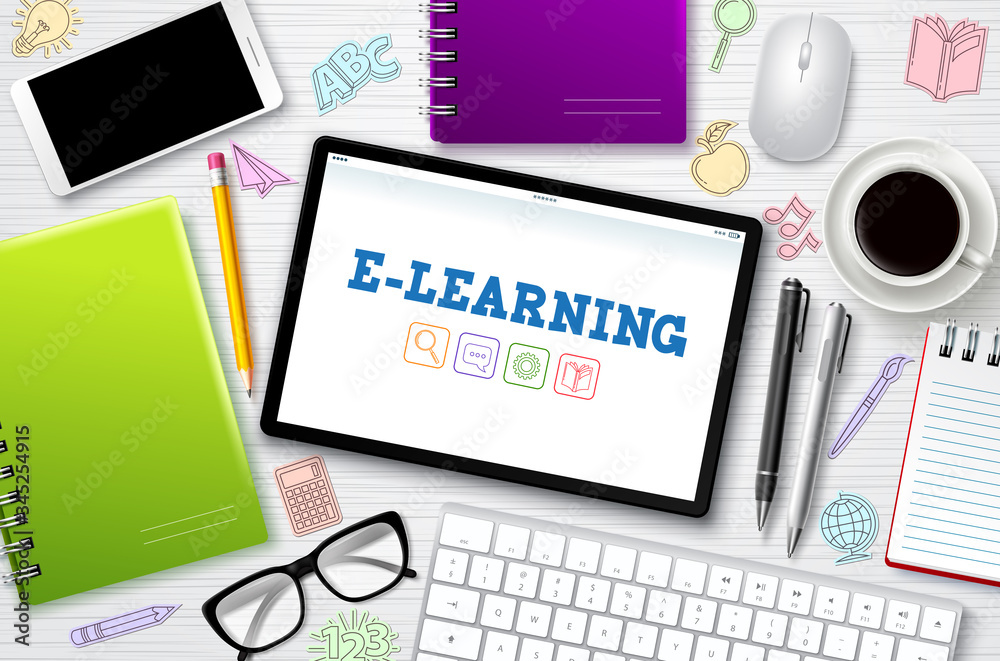 E-learning online school vector banner. E-learning online education text in mobile screen with school elements and computer devices for online home study. Vector illustration.
E-learning online school vector banner. E-learning online education text in mobile screen with school elements and computer devices for online home study. Vector illustration.