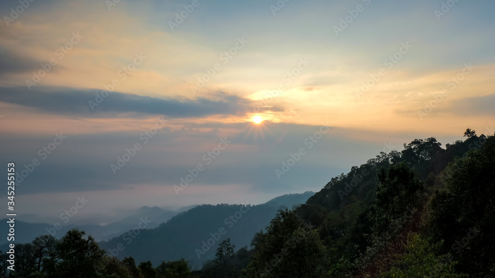 High Moutain view point ( Thai name is Doi Mieng) in sunrise Time, View point of Pai,Mea Hong Son province of Thailand.
