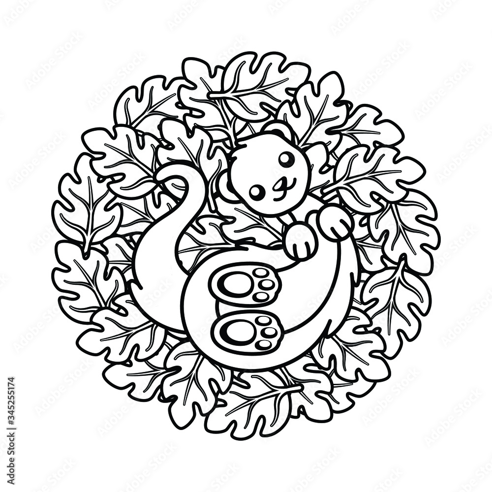 Fototapeta premium Cute ferret lying on top of leaves coloring book page vector art illustration design