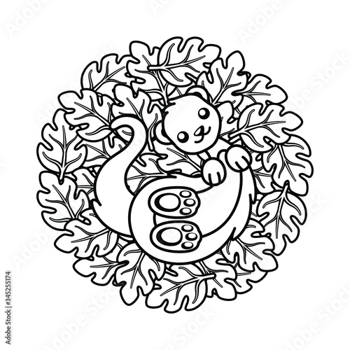 Cute ferret lying on top of leaves coloring book page vector art illustration design