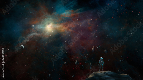 Space background. Sci-fi astronaut standing on asteroid with colorful nebula and planet. Elements furnished by NASA. 3D rendering