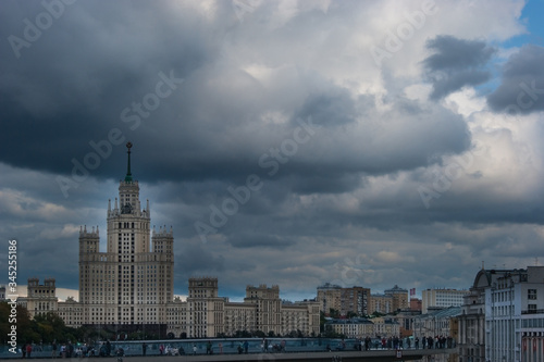 The cityscape is a view of summer Moscow. City  buildings  houses  architecture  Gothic.