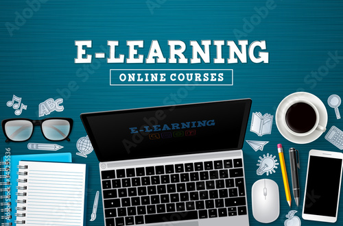 E-learning online education vector banner. E-learning online courses text with laptop computer devices and school elements in desk for home study and tutorial. Vector illustration.
