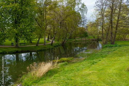 Beautiful Raan river with nature surroundings and spring colors in south part of Helsingborg, Sweden.