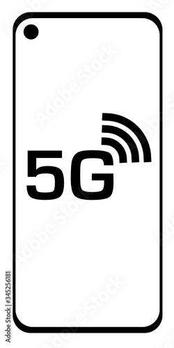 Vector illustration of modern smartphone with a front camera ditch and 5G logo showing the modern and fast wireless internet connection