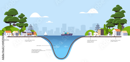 schematic cross section underwater subsea optic fibre cable connection information transfer technology urban landscape internet telecommunications infographic horizontal vector illustration