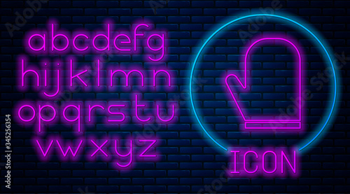 Glowing neon Oven glove icon isolated on brick wall background. Kitchen potholder sign. Cooking glove. Neon light alphabet. Vector Illustration