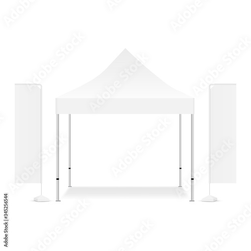 Blank square canopy tent with two rectangular promo flags isolated on white background. Vector illustration