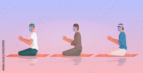 religious muslim men in masks praying ramadan kareem holy month religion coronavirus pandemic quarantine concept prayers kneeling on carpet full length horizontal vector illustration