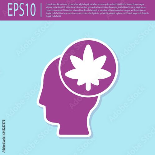 Retro purple Male head in profile with marijuana or cannabis leaf icon isolated on turquoise background. Marijuana legalization. Hemp symbol.  Vector Illustration