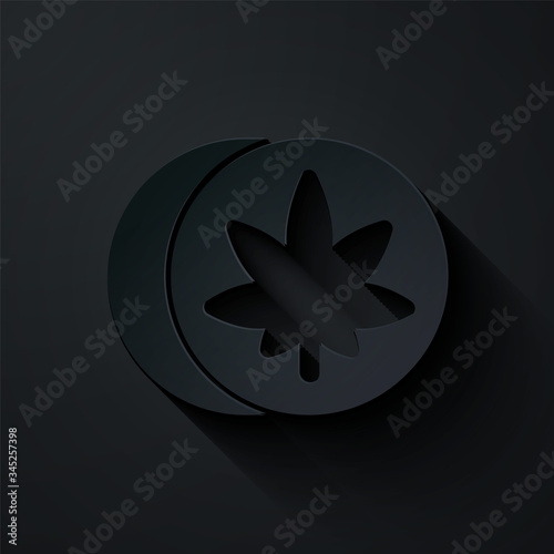 Paper cut Herbal ecstasy tablets icon isolated on black background. Paper art style. Vector Illustration