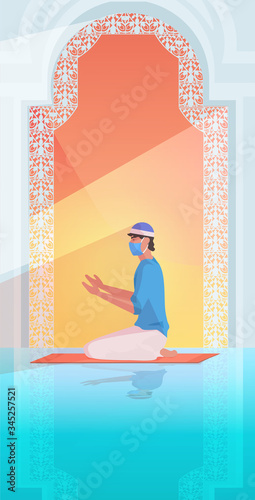 religious muslim man in mask praying ramadan kareem holy month religion coronavirus pandemic quarantine concept prayer kneeling on carpet vertical full length vector illustration