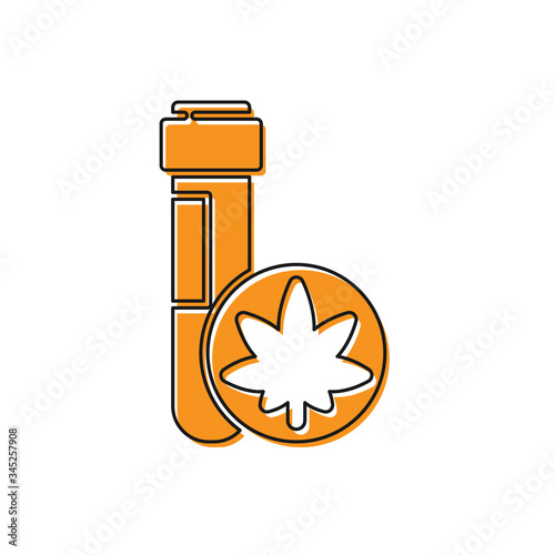 Orange Chemical test tube with marijuana or cannabis leaf icon isolated on white background. Research concept. Laboratory CBD oil.  Vector Illustration