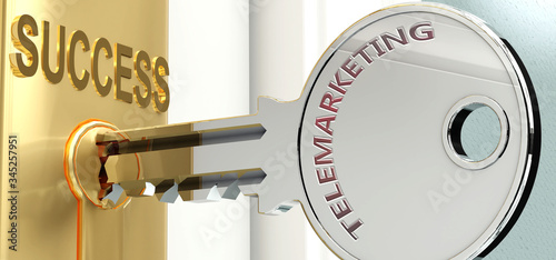 Telemarketing and success - pictured as word Telemarketing on a key, to symbolize that Telemarketing helps achieving success and prosperity in life and business, 3d illustration