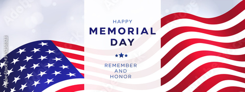 Memorial Day holiday banner, USA flag waving on bright background. Design template for sale, discount, advertisement, web. Place for your text. Vector illustration
