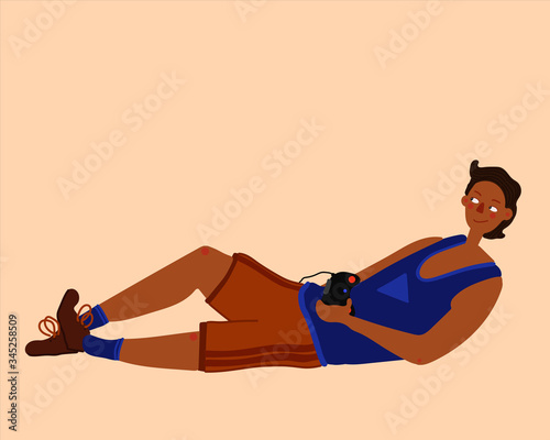 The guy is fond of playing the console, PlayStation flat art