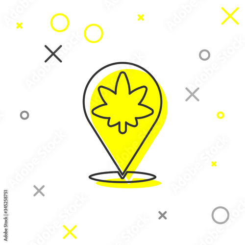 Grey line Map pointer and marijuana or cannabis leaf icon isolated on white background. Hemp symbol.  Vector Illustration