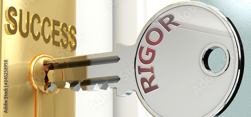 Rigor and success - pictured as word Rigor on a key, to symbolize that Rigor helps achieving success and prosperity in life and business, 3d illustration
