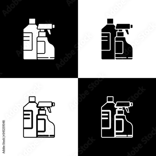 Set Plastic bottles for laundry detergent, bleach, dishwashing liquid or another cleaning agent icon isolated on black and white background.  Vector Illustration