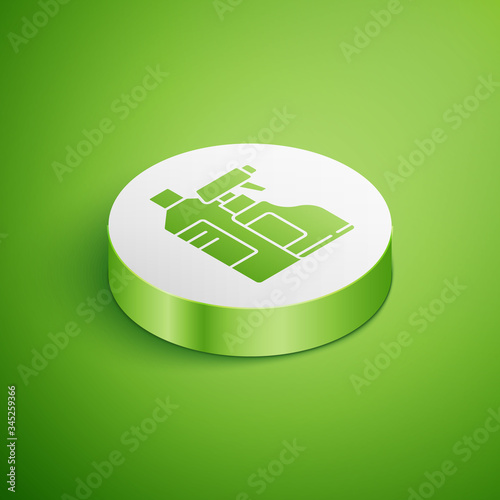 Isometric Plastic bottles for laundry detergent, bleach, dishwashing liquid or another cleaning agent icon isolated on green background. White circle button. Vector Illustration