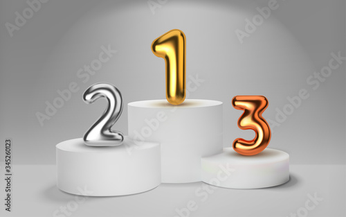 White winners podium 3D render. Number in the form of golden balloons. Awarding of winners of sports competitions. Round realistic pedestal. Vector illustration