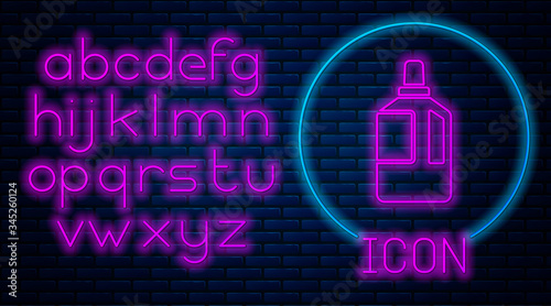Glowing neon Fabric softener icon isolated on brick wall background. Liquid laundry detergent, conditioner, cleaning agent, bleach. Neon light alphabet. Vector Illustration
