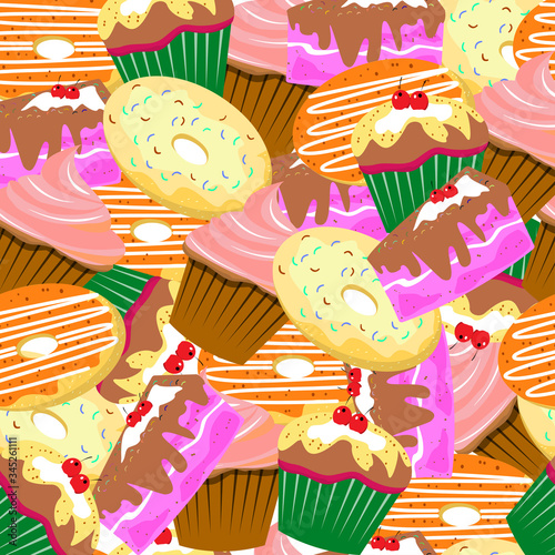 background pattern seamless very delicious bread and cakes in vector illustration