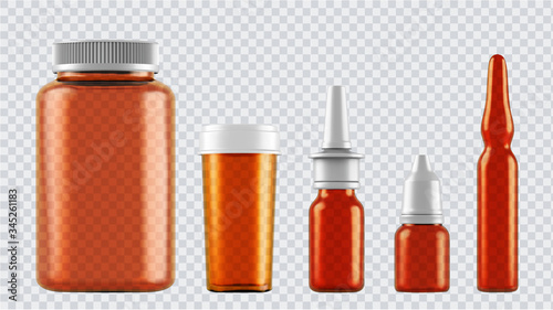 Realistic mock up glass bottles for drugs, tablets, drops and spray etc. 3d Plastic blank medical containers isolated on transparent background. Vector illustration