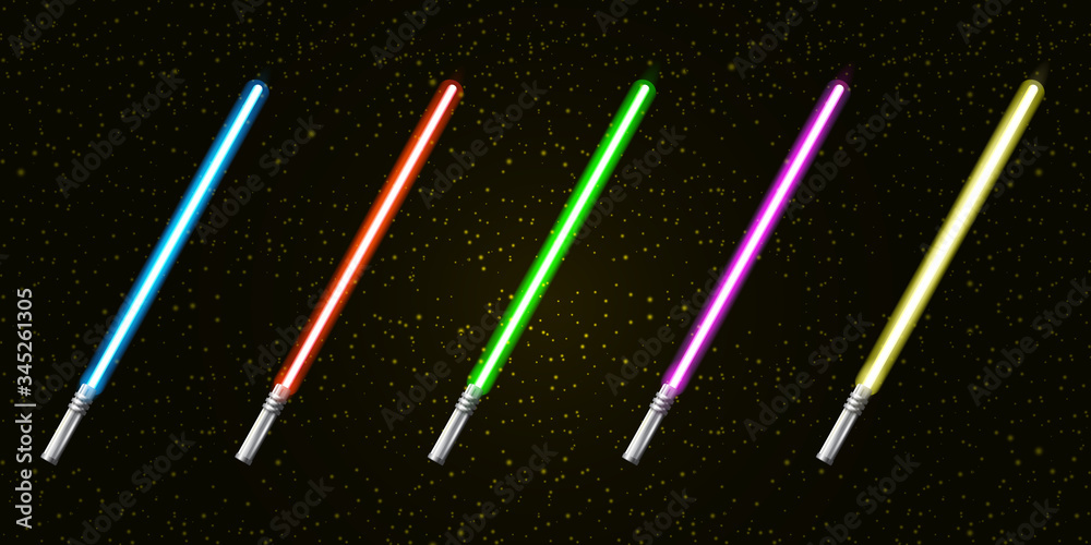 Blue, red, green, pink and yellow laser sword lightsaber set isolated on  starry black galaxy background.