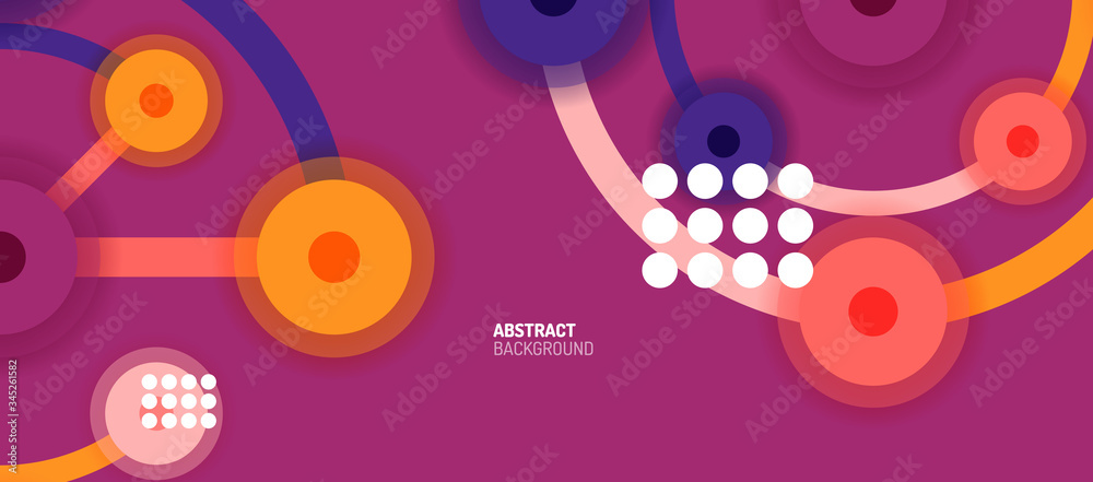 Flat style geometric abstract background, round dots or circle connections on color background. Technology network concept.