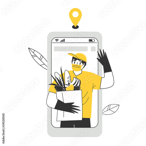 Contactless delivery service. Fast courier. Online delivery phone concept. Home delivery of food.