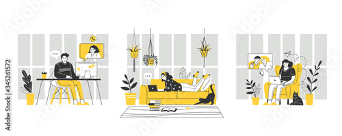 Home office workplace. Digital vector illustration. Remote work. Stay home concept. Coronavirus, quarantine isolation. Technology communication background.