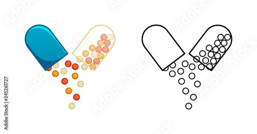 Flat and outline style opened oval capsule pills isolated illustration on white background