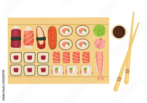 Set of sushi and rolls on a wooden Board with soy sauce, wasabi and ginger. Japanese food. Flat lay illustration.