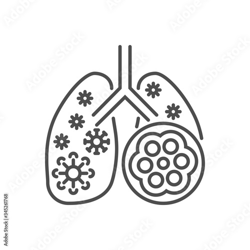 Pneumonia related vector thin line icon. Lungs with alveoli and coronavirus. Isolated on white background. Editable stroke. Vector illustration.
