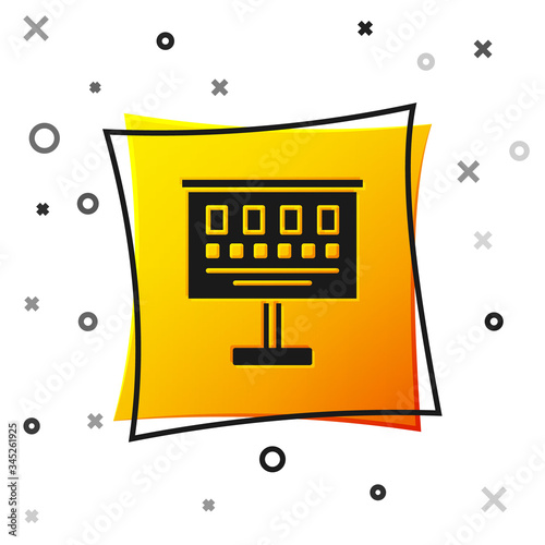 Black Eye test chart icon isolated on white background. Poster for vision testing in ophthalmic study. Snellen chart. Yellow square button. Vector Illustration
