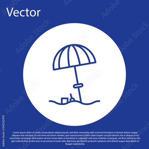 Blue line Sun protective umbrella for beach icon isolated on blue background. Large parasol for outdoor space. Beach umbrella. White circle button. Vector Illustration