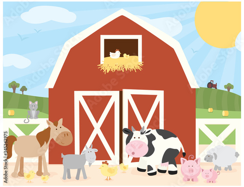 Fototapeta Naklejka Na Ścianę i Meble -  A vector illustration of a cute farm scene of animals in front of a barn in a sunny field
