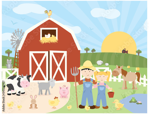 A vector illustration of a complete scene of cute farm animals, farmers and a barn on a farm in the country with a rising sun in a field with a tractor