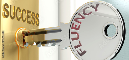 Fluency and success - pictured as word Fluency on a key, to symbolize that Fluency helps achieving success and prosperity in life and business, 3d illustration