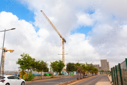 Crane and building construction site against blue sky. new anfa skyline. Morocco