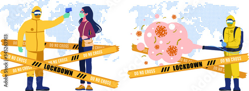 Man edical scientist in chemical protection suit disinfects spray to cleaning and disinfect virus Covid-19 in house interior, Coronavirus disease, preventive measures. Vector illustration flat style