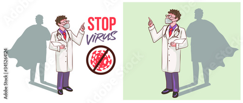 Brave doctor wearing medical mask and protection suit with his shadow as superhero. COVID-19 outbreak medical staff.
