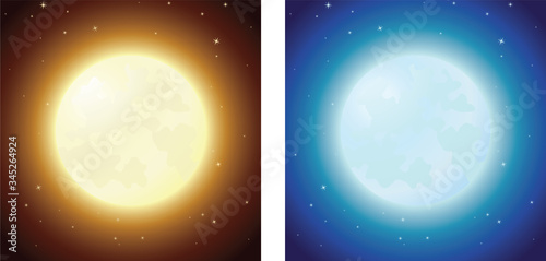 A vector illustration of a bright glowing full moon in a starry sky in two color options: orange and blue